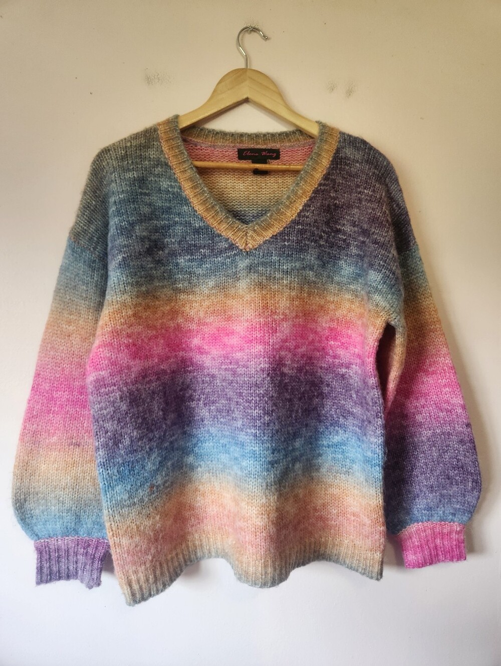 Elena Wang Rainbow Ombre Space Dye V-Neck Fuzzy Cashmere Blend Knit Sweater